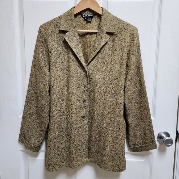 Ann May Blazer Womens M Tan Navy Silk Button Long Sleeve Notch Split Cuff Vtg - Picture 1 of 11